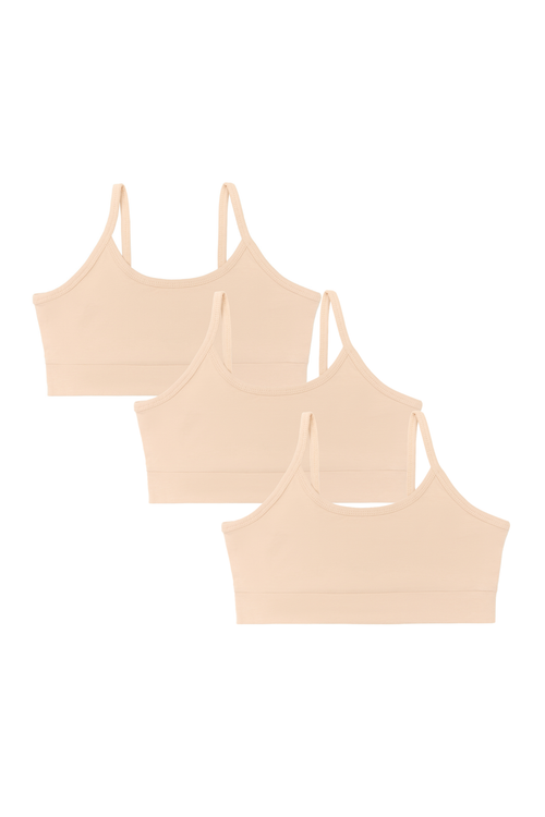 Girls' organic cotton bralette 3-pack in beige, laid flat