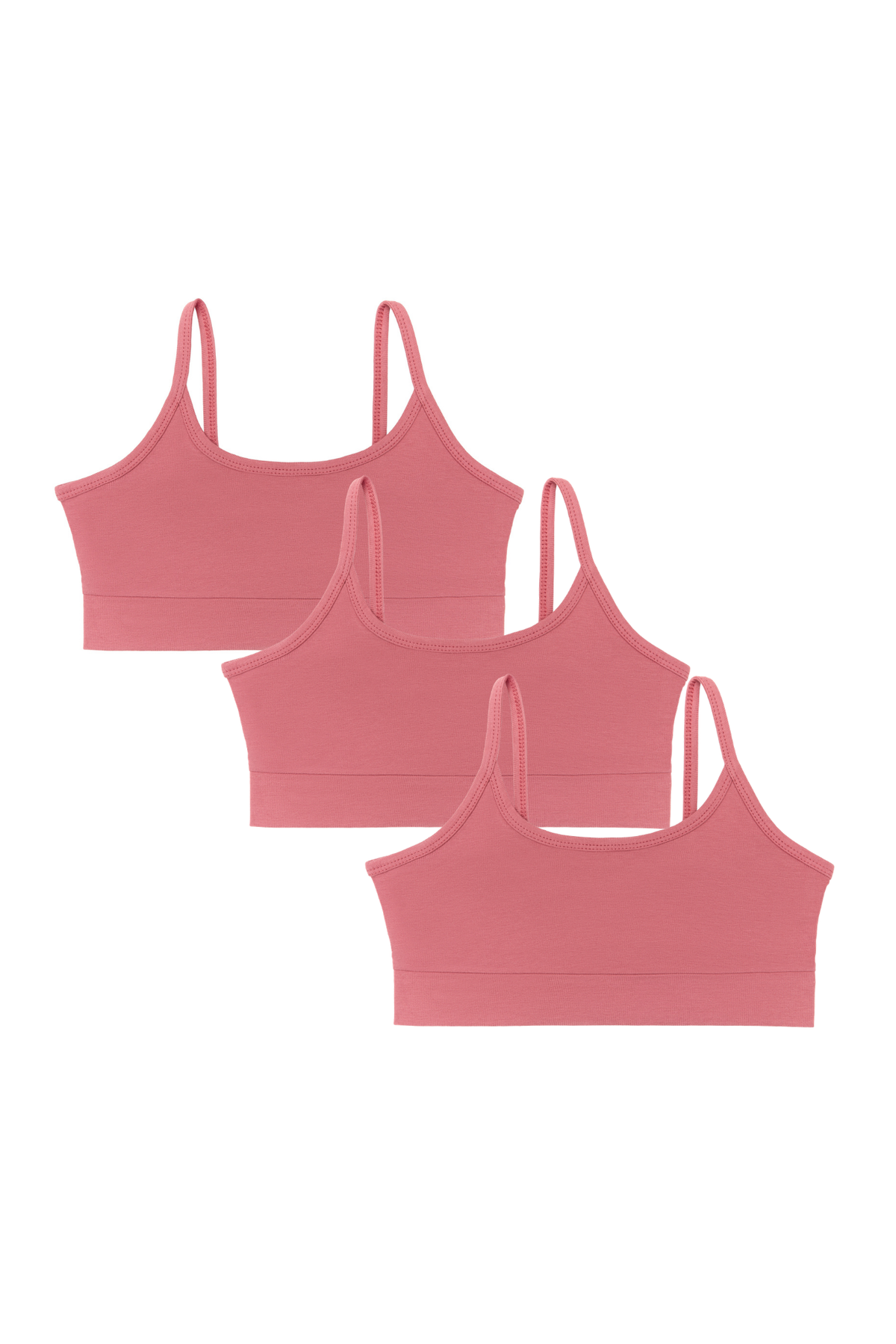 Girls' organic cotton bralette 3-pack in Faded Rose, laid flat