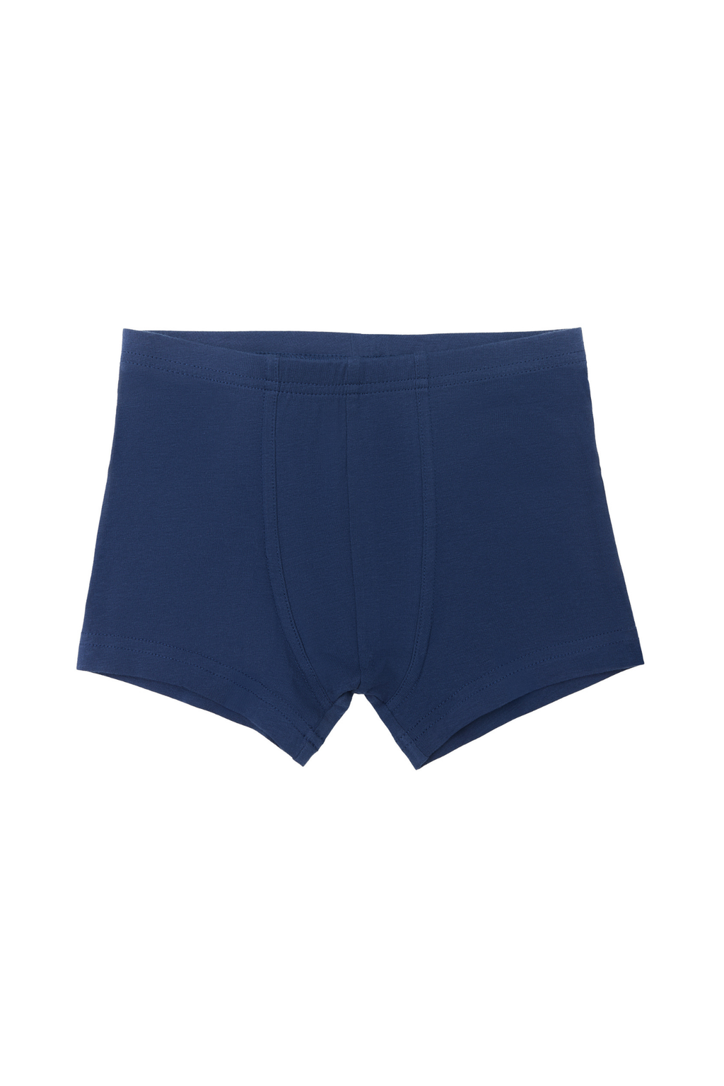 Boys' organic cotton boxer briefs in navy, laid flat, front