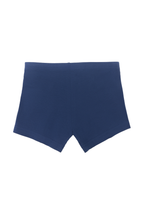 Boys' organic cotton boxer briefs in navy, laid flat, back