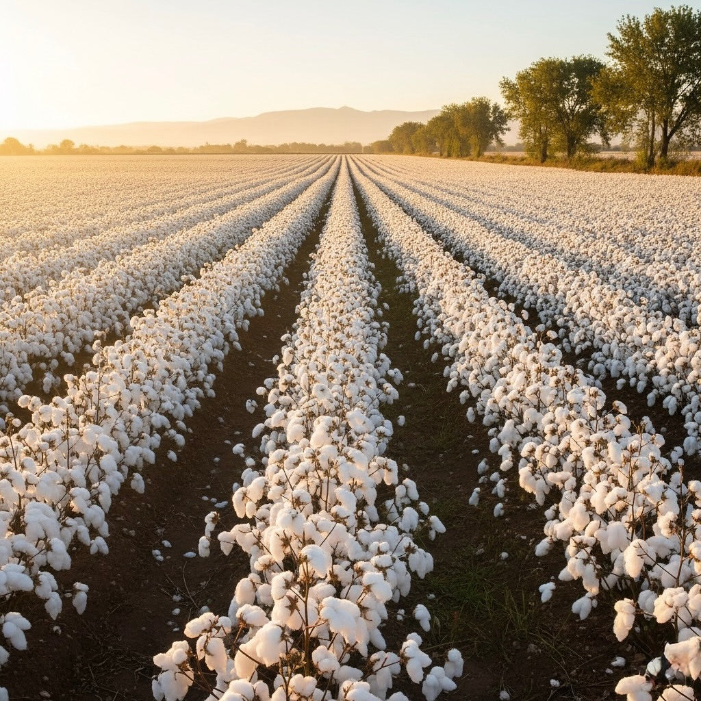 A wide view of a cotton field with long rows of white cotton bolls stretching toward distant hills under a warm golden sky, with trees lining the right side.